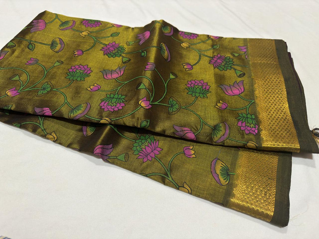 Deep Olive Green with Dark Maroon Handwoven Pure Kanjivaram Hand pichwai Block Printed Silkcotton Saree Beauty