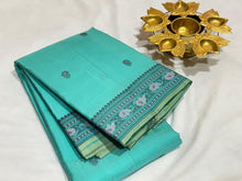 Turquoise Blue Green Handwoven Pure Zariless Soft Kanjivaram Silk Saree with Buttas body and meenakari borders striped blouse beauty