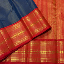 Vaibhogam-Gorgeous Sapphire Blue with Orange Red Vairaoosi Handwoven Pure Jari Korvai Kanjivaram Silk with rich closely woven vairaoosi body gorgeous borders beautiful and finely woven rich pallu and contrast woven blouse