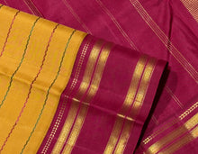 Sarasangi- Gorgeous Mustard with Ganga Jamuna Borders Handwoven Pure Jari Korvai Kanjivaram Silk with Neli Veldhari woven beautiful body with beautiful ganga jamuna doublepet borders classic seer pallu and contrast woven arakku red blouse