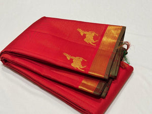 Red with Gold Vairaoosi With Deer Buttas woven Border Handwoven Pure Kanchipuram Silk Saree Beauty