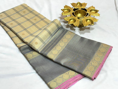 Ivory Cream with Grey Handwoven Pure Zariless 1000 Buttas Style Checked Soft Kanjivaram Silk Saree with Doublepet rudrakshas borders beauty