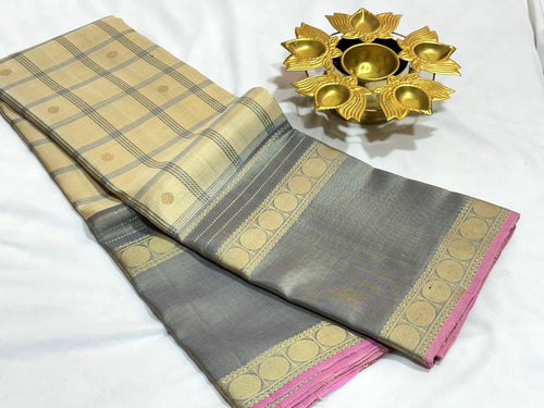 Ivory Cream with Grey Handwoven Pure Zariless 1000 Buttas Style Checked Soft Kanjivaram Silk Saree with Doublepet rudrakshas borders beauty