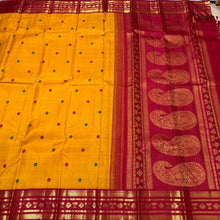 Vaibhogam-Gorgeous mustard with red handwoven pure jari Korvai Kanjivaram Silk with pattu buttas beautiful paithani style woven borders rich beautiful pallu and contrast woven blouse