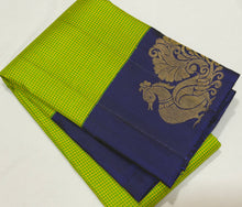 Vaibhogam- Stunning Parrot Green  with Deep Blue  Handwoven Pure Jari Korvai Kanjivaram Silk with beautiful muted checks woven body with gorgeous Hamsas woven on either side of the borders with beautiful rich paisleys wovepallu and contrast Blue blouse