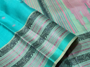 Turquoise Blue Green With Varisaipet Borders Buttas Body with rich pallu and contrast buttas blouse Handwoven Pure Zariless Soft Kanjivaram Silk Saree Beauty