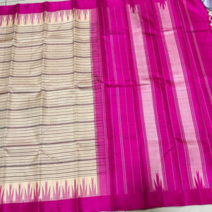 Offwhite with Pink Zariless Handwoven Pure Korvai Soft Kanjivaram Silk Saree with Veldhari Body Temple Borders  beauty
