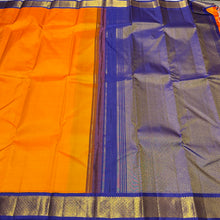 Sarasangi-Gorgeous Mango Orange with Deep Blue Handwoven Jari Korvai Kanjivaram Silk with beautiful borders honey comb design with rich pallu and contrast woven blouse