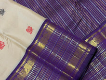 Vaibhogam- Stunning Sandal White with Purple Handwoven Pure Jari Korvai Kanjivaram Silk with thread buttas woven beautiful body with rich Borders gorgeous pallu and contrast aubergine blouse