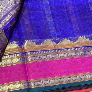 Royal Blue Pink 1000 Buttas in Gandaberundas Mayil Chakram motifs Handwoven Premium Kanjivaram Silkcotton Saree Beauty