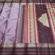 Premium Zariless Weave- Mauve with Brown Handwoven Pure Zariless Kanchipuram Silk Saree with 5 different buttas woven body rich borders gorgeous Sorgavaasal inspired pallu and contrast woven blouse