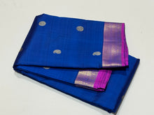 Beautiful Prussian Blue with Purple Buttas Handwoven Pure Kanjivaram Silk Saree with rich borders pallu and contrast woven blouse beauty