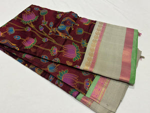 Deep Maroon with Elaichi Shade Handwoven Pure Korvai Kanjivaram Silkcotton with Hand Pichwai Block Printed Beauty