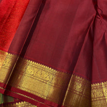 Vaibhogam- Stunning Lemoney Green tinted Yellow with Burgundy Maroon in a Handwoven Pure Jari Korvai Kanjivaram Silk with beautiful pattu buttas woven body rich borders gorgeous pallu and contrast woven blouse