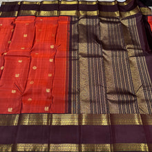 Gorgeous Rustic Orange with Coffee Brown Buttas Handwoven Pure Jari Kanjivaram Silk Saree with Beautiful Neliveldharis and Rudrakshas Woven Rettapet borders rich pallu and contrast woven blouse