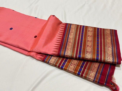 Peach with Burnt Red Buttas Handwoven Pure Korvai Zariless Varisaipet Long Border Kanjivaram Silk Saree Beauty
