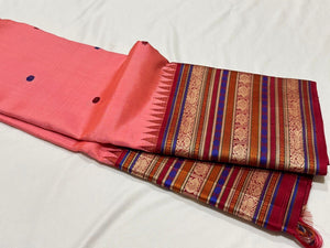 Peach with Burnt Red Buttas Handwoven Pure Korvai Zariless Varisaipet Long Border Kanjivaram Silk Saree Beauty