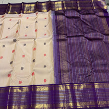 Vaibhogam- Stunning Sandal White with Purple Handwoven Pure Jari Korvai Kanjivaram Silk with thread buttas woven beautiful body with rich Borders gorgeous pallu and contrast aubergine blouse