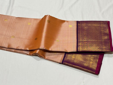 Peachish Beige with Jamoon Purple Buttas Korvai Handwoven Pure Jari Kanjivaram Silk Saree with rich borders pallu and contrast woven blouse beauty