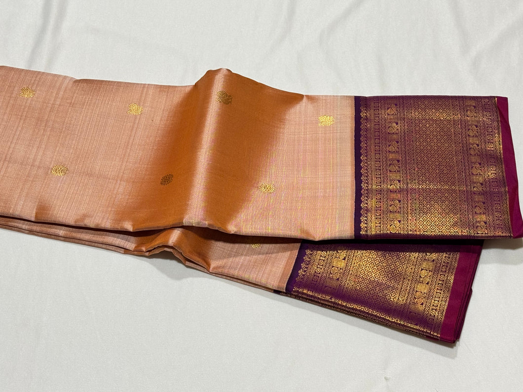 Peachish Beige with Jamoon Purple Buttas Korvai Handwoven Pure Jari Kanjivaram Silk Saree with rich borders pallu and contrast woven blouse beauty