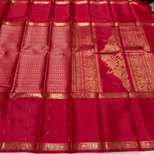 Sahana- Gorgeous Red with Gold Handwoven Pure Jari Kanjivaram Silk with beautiful paisleys woven body in silk thread with long mallimoggu buttas woven borders with rich sorgavasal pallu and contrast red blouse