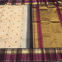 Sandal White with Deep Maroon and Black Kai Korvai Handwoven Pure Jari Kanjivaram Silk Sarees with Silk Buttas woven body with rich spaced rettapet borders gorgeous rich Gandaberundas woven pallu and contrast woven blouse
