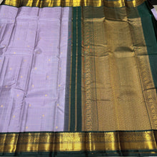 Lavendar with Bottle Green  Jari  Kattam with Buttas Small Borders Rich Pallu and Contrast blouse Handwoven Pure Kanjivaram Silk Saree Beauty