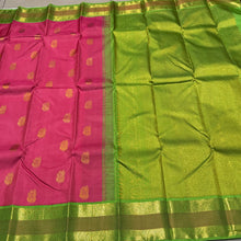 Deep Flamingo Pink with Leaf Green Korvai with Buttas Handwoven Pure Jari Kanjivaram Silk Saree with gorgeous meenakari borders rich pallu and contrast woven blouse beauty