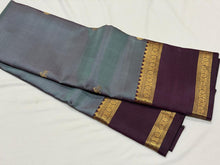 Sahana- Beautiful Smoky Grey with Deep Plum Handwoven Pure Jari Kanjivaram Silk with beautiful buttas woven body with doublepet borders rich tree of life pallu and contrast plum colored blouse
