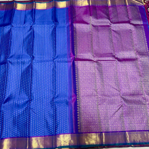 Royal Cobalt Blue with Purple Thodar Buttas Handwoven Pure Kanjivaram Silk Saree Beauty