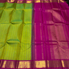 Sarasangi- Stunning Parrot Green with Pink Handwoven Pure Jari Korvai Kanjivaram Silk with beautiful checked body rich borders pallu and contrast woven blouse