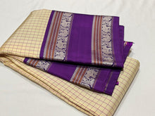 Offwhite with Aubergine Purple Korvai Muthukattam Handwoven Pure Zariless rettapet bordered Kanchipuram Silk Saree Beauty