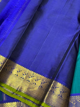 Rama Green with Dark Azure Blue Handwoven Pure Jari Kanjivaram Silk Saree with beautiful borders and light green selvedges rich Pallu and contrast woven blouse