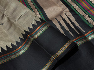 Stunning Grey with Black Buttas Korvai Handwoven Pure Zariless Kanjivaram Silk Saree Beauty with temple borders
