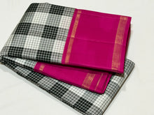 Sarasangi- Gorgeous Handwoven Pure Jari Korvai Kanjivaram Silk in Black and White Checks with beautiful Pink bodi rettapet borders rich seer pallu and contrast woven beautiful blouse
