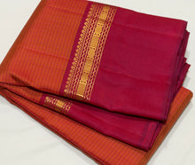 Sahana- Beautiful Orange with Maroon Shot Purple  Muthukattam Handwoven Pure Jari Kanjivaram Silk with beautiful body spaced borders rich pallu and contrast woven blouse