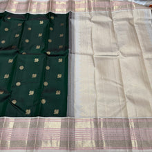 Vaibhogam-Gorgeous Bottle Green with Offwhite Handwoven Pure Jari with Mayil Chakram Buttas Korvai Kanjivaram Silk with  rich meenakari work woven beautiful borders rich woven pallu and contrast woven blouse