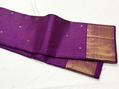 Vadamalli Purple with Gold Jari Oosi checks with buttas Handwoven Pure Jari Kanjivaram Silk Saree Beauty