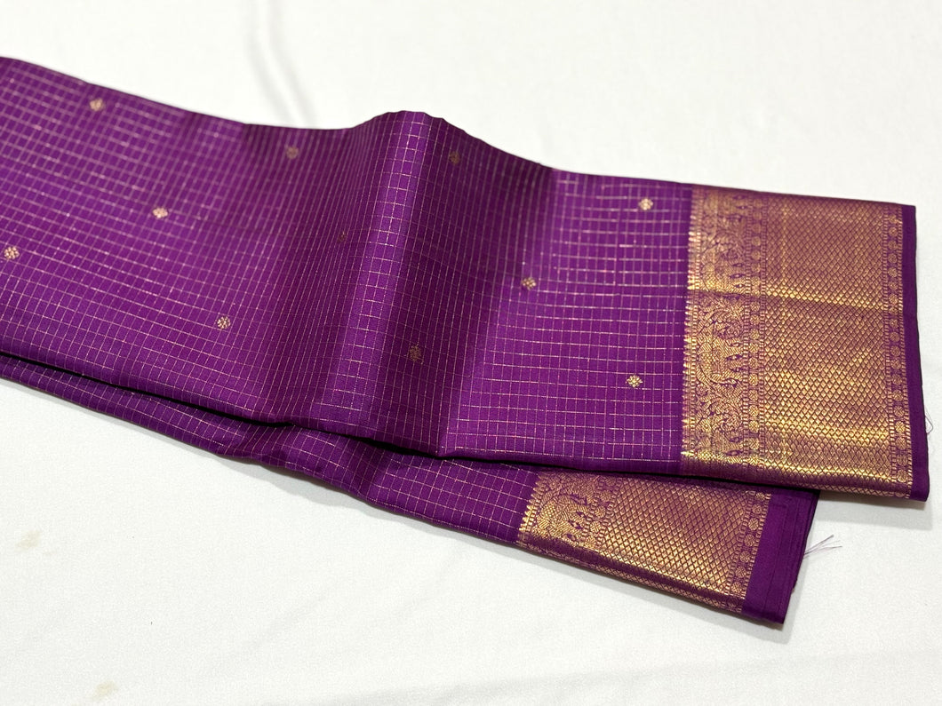Vadamalli Purple with Gold Jari Oosi checks with buttas Handwoven Pure Jari Kanjivaram Silk Saree Beauty