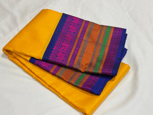 Yellow with Royal Blue and Pink Handwoven Pure Zariless Korvai Kanjivaram Silk Saree Beauty with Varisaipet Borders
