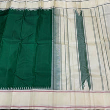 Bottle Green with Offwhite Handwoven Pure Zariless Korvai Kanjivaram Silk Saree with Temple Borders Beauty