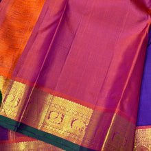 Sahana- Violetish blue with Burnt Orange Buttas Handwoven Pure Jari Kanjivaram Silk with beautiful borders with green selvedges rich pallu and contrast woven blouse