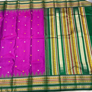 Vadamalli Purple with Bottle Green Korvai with Buttas Varisaipet with temple borders Handwoven Pure Zariless Kanjivaram Silk Saree Beauty