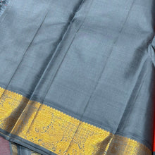 Vaibhogam- Strikingly Beautiful Fanta Orange with Grey Buttas Handwoven Pure Jari Korvai Kanjivaram Silk with beautiful borders rich pallu and contrast woven blue woven blouse