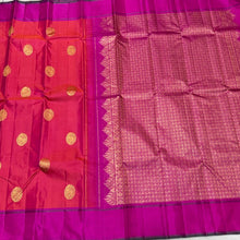 Orange with Fuchsia Pink Buttas Handwoven Pure Jari Kanjivaram Silk Saree with rich pallu and contrast blouse beauty