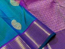 Peacock Blue Green with Purple Muthukattam with Buttas Mayilkan Borders Handwoven Pure Jari Kanjivaram Silk Saree Beauty