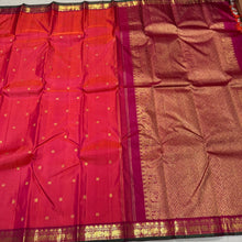 Dual tone Orange with Pinkish Red  Handwoven Pure Jari Kanjivaram Silk Saree with buttas woven body rich pallu and contrast woven blouse