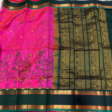 Shocking Pink with Bottle Green Handwoven Pure Korvai Long & Short Bordered Kanjivaram Hand Kalamkari Block Printed Silkcotton Beauty