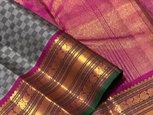 Sahana-Gorgeous Light & Dark Grey with Deep Magenta Handwoven Pure Jari Kanjivaram Silk in paimadi style woven body with rich varisai borders with green selvedged beautiful rich seer pallu and contrast woven blouse