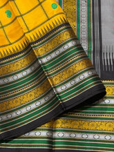 Saraswati- Beautiful Yellow with Deep Blackish Brown Premium Zariless Korvai Handwoven Pure Kanjivaram Silk with neli veldhari checked body with mango and chakram buttas woven with rich varisaipet borders beautiful pallu and contrast blouse